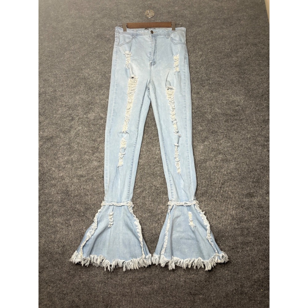 Y2K Distressed Bell Bottom Jeans Light Wash Frayed Flare Festival Pants  Sz XL